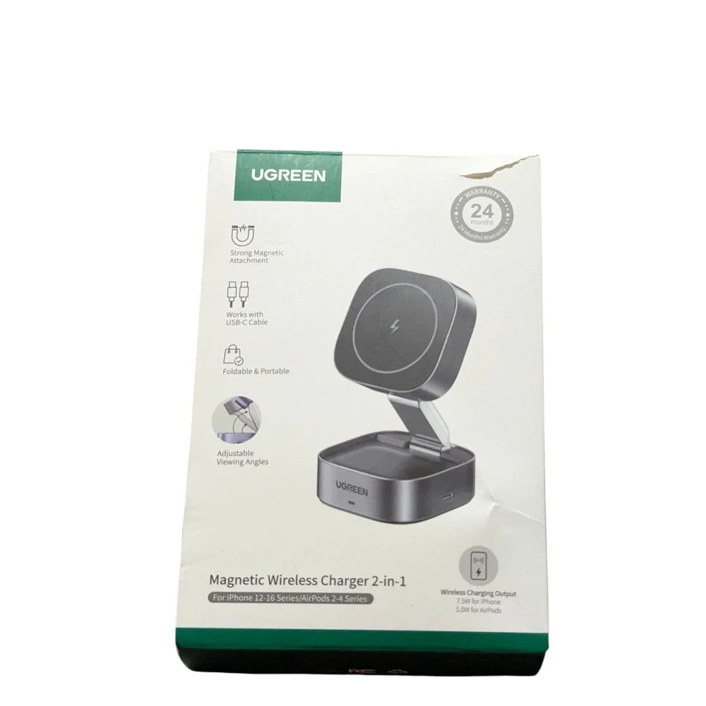 Oo2U UGREEN MagFlow 2-in-1 Magnetic Wireless Charger for iPhone & Airpods - Gray